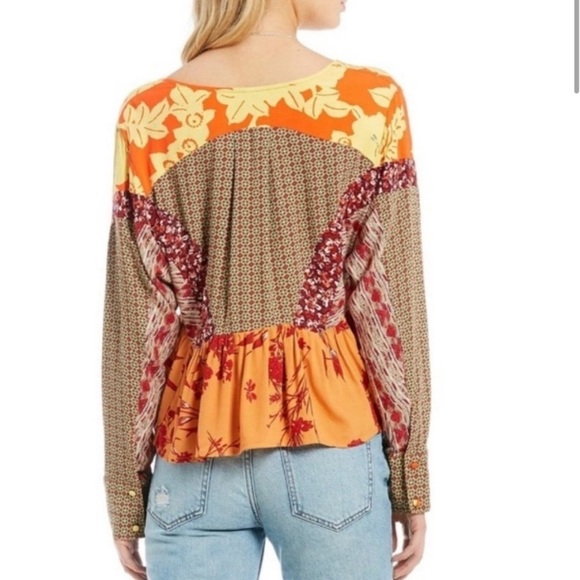 Free People Aloha State of Mind Patchwork Top Flower Detail Drapey Orange Yellow - Picture 14 of 14
